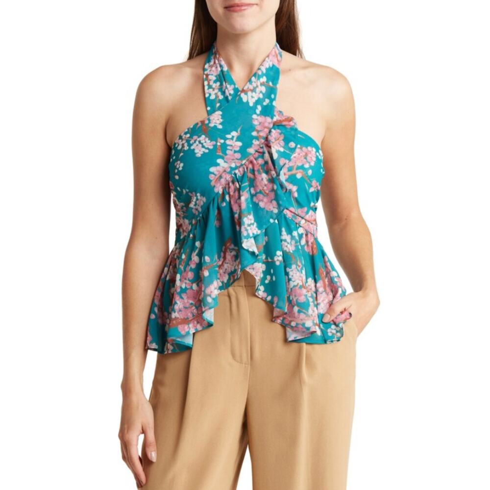 Lush Floral Ruffle Halter Top In Pink Teal Floral Size S Tank Sleeveless Summer
